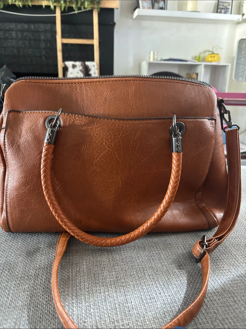 Sam & Hadley Braided Handle Tan Satchel with Stud and Tassel Detail